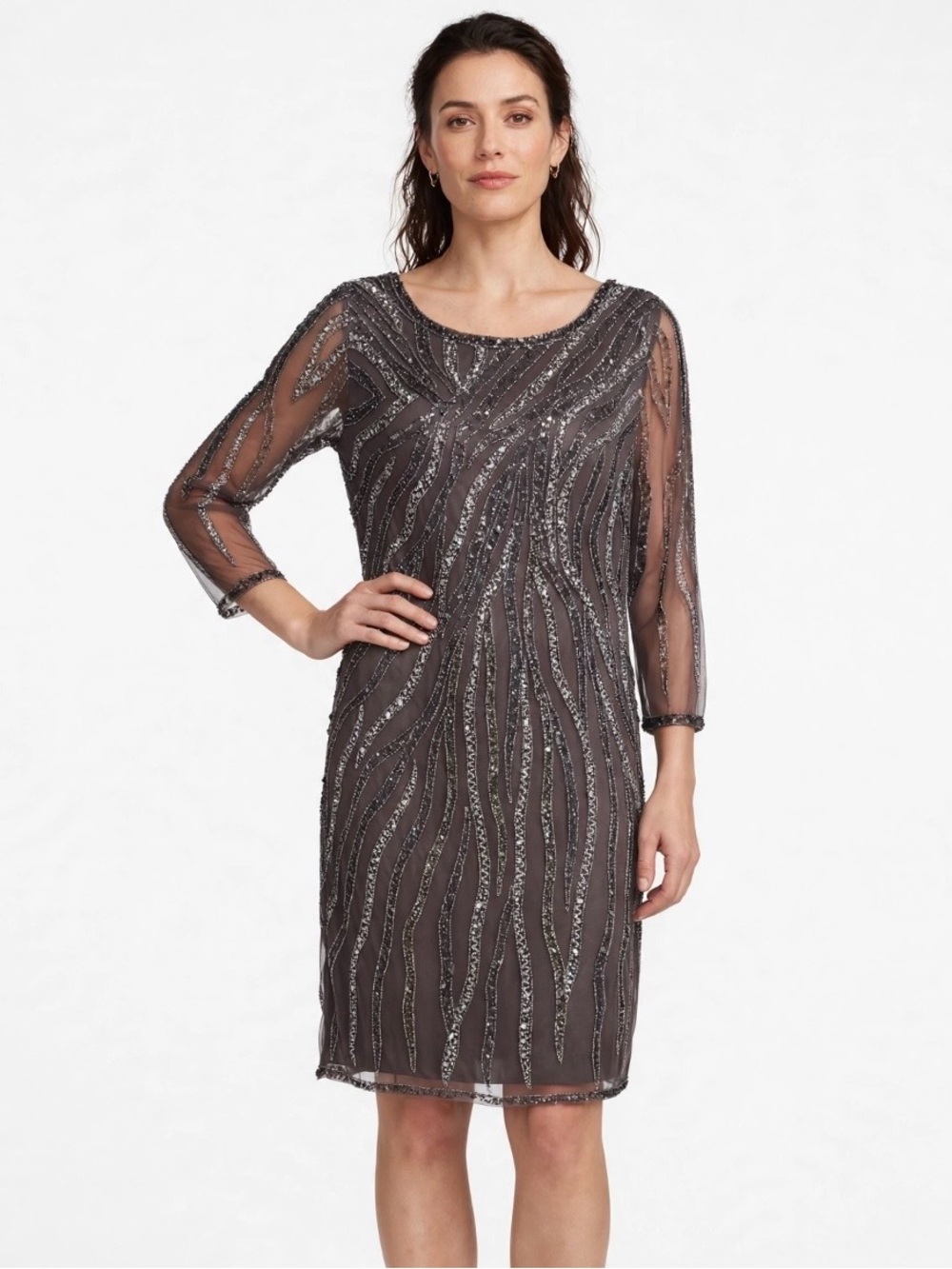 J Kara Taupe Silver Beaded Art Deco Dress Size 12 Formal Mother of the Bride